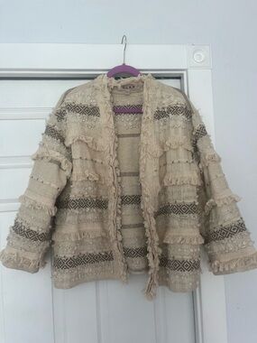dolan Cream Textured Fringe Open Cardigan with Brown Pattern